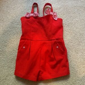 Janie and Jack Red Romper with Gingham Bows